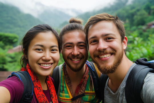 Backpackers taking selfie in mountain forest landscape