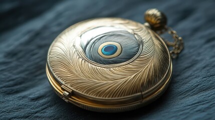 An ornate gold colored compact mirror featuring a peacock feather design