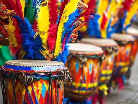 Vibrant carnival drums with feathered parading through a festive street