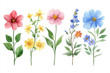 Watercolor, Set of Spring Flowers, cute illustration, clipart, simple, white background