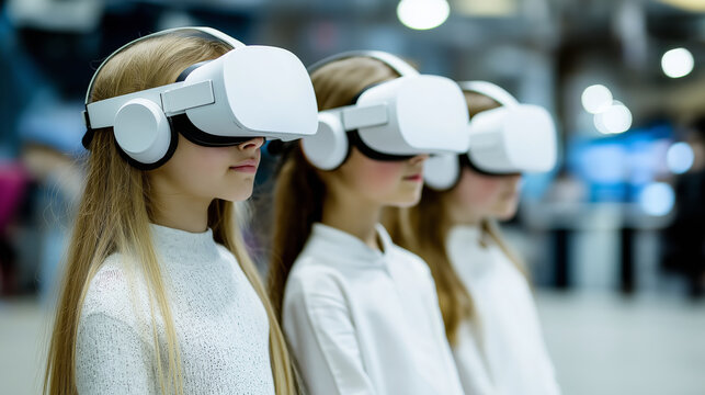 Children experiencing virtual reality with vr headsets in a futuristic environment