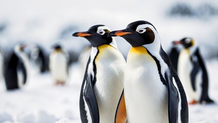 Two penguins standing in the snow with other penguins in the background