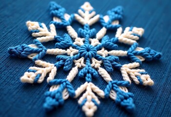 Knitted Snowflake Charm: Blue Background with Russian Embroidery – Discover a cozy knitted blue background featuring a beautifully embroidered snowflake with intricate Russian motifs, perfect for addi