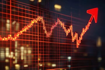 A digital stock market graph shows a strong upward trend with red lines indicating growth. The background features blurred city lights at night Generative AI