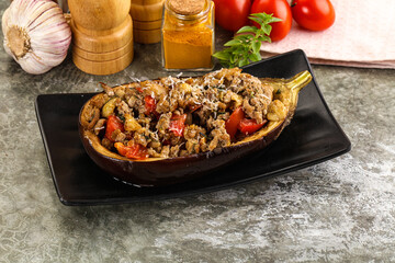 Baked eggplant stuffed meat and tomato