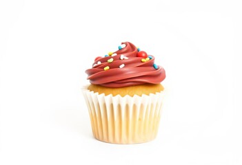 A miniature cupcake, frosted and decorated, sits alone against a pure white background, white background, food