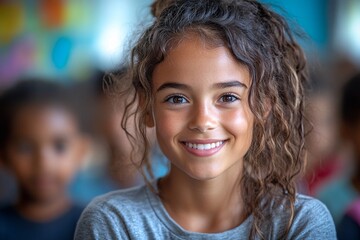 Smiling hispanic young girl in school classroom with classmates
