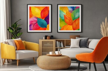A living room with gray walls, white furniture, and colorful decor elements like orange chairs or yellow side tables.