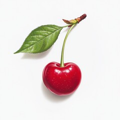 Single Ripe Red Cherry with Green Leaf on White Background