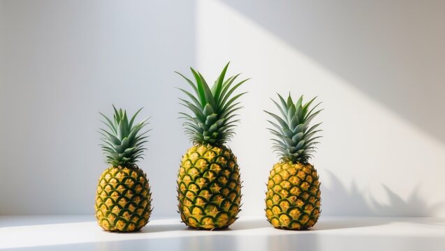 Three potted pineapples on white backdrop - Powered by Adobe