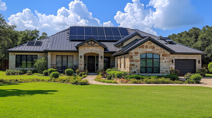 Obraz premium Modern house with solar panels in a lush green landscape during a sunny day
