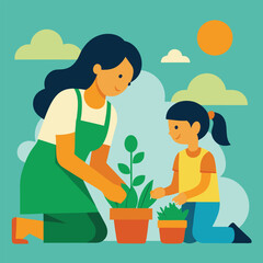 Happy Mother's Day: Mom & Daughter Gardening Fun Joy Love Care Flat   