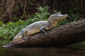 A Caiman resting on a fallen tree