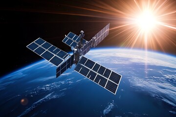 A satellite is captured in orbit around Earth with solar panels extended. The sun shines brightly in the background, highlighting the vastness of space and technology Generative AI