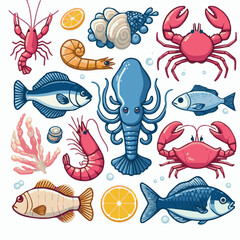 seafood, fish, food, illustration, vector, restaurant, menu, sea, dinner, vintage, fresh, sketch, ocean, design, retro, meal, lunch, background, ink, shrimp, drawing, market, graphic, lobster, marine,