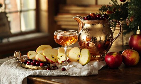 Festive table setting with a copper pitcher, cocktail, and fresh fruits