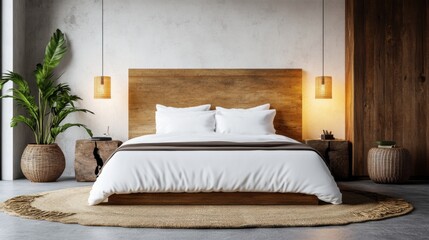 Serene minimalist bedroom with white linens, soft lighting, and earthy textures for a calming ambiance