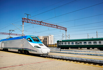 Afrosiyab high speed Bullet train at Bukhara Station in Uzbekistan