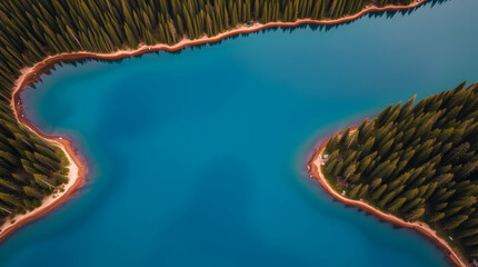 High-angle view of a vibrant turquoise lake surrounded by dense evergreen forests.