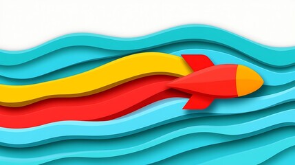 Cartoon rocket launching over wavy sea, graphic usage