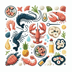 seafood, fish, food, illustration, vector, restaurant, menu, sea, dinner, vintage, fresh, sketch, ocean, design, retro, meal, lunch, background, ink, shrimp, drawing, market, graphic, lobster, marine,