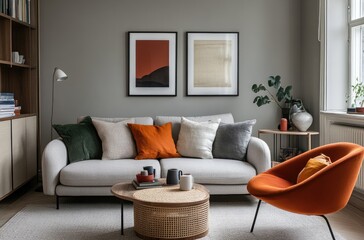 A modern living room with gray walls, a white cabinet and sofa decorated with colorful pillows.