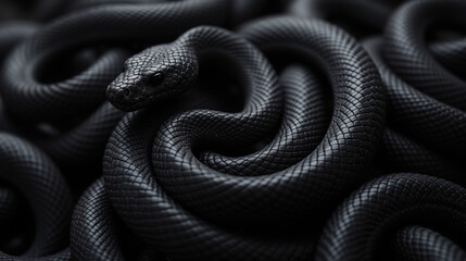 Obraz premium close up of coiled black snake, showcasing its textured scales and sleek form, evokes sense of mystery and intrigue