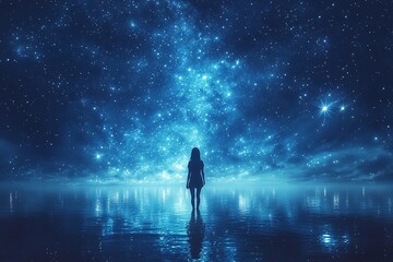 Young woman stands in calm water, gazing at a starry night sky filled with cosmic wonder