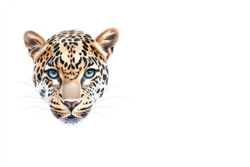 Naklejka premium Stunning leopard face illustration featuring striking blue eyes and detailed spots, perfect for wildlife themes, nature conservation, and animal graphics