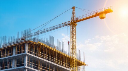 Construction site with a rainbow in the background, a large building under construction,