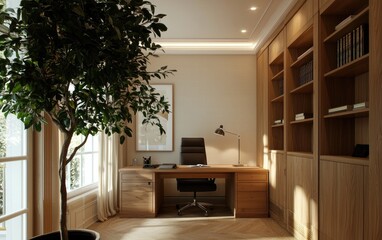 Fototapeta premium Sunlit Home Office with Wooden Furniture and Indoor Plant