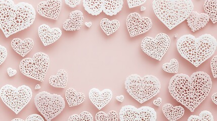 A collection of lacy white hearts scattered on pink surface