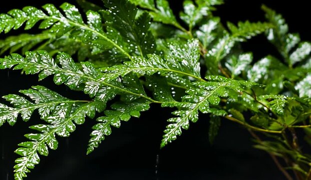Lush Green Ferns with Raindrops Against a Dark Background