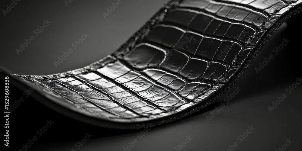 Poster a close up of a black leather strap with a crocodile print