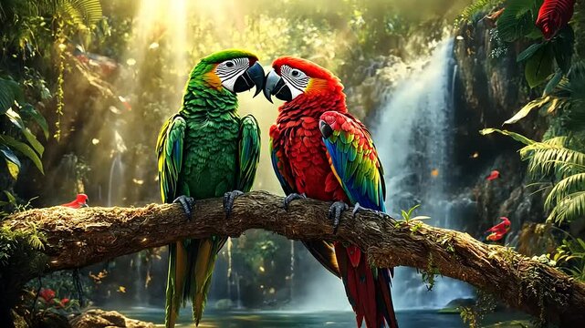 Vibrant macaws perched on a branch in a lush tropical rainforest with a waterfall in the background