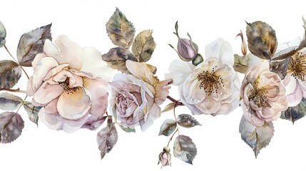 Fototapeta premium Pink roses with green leaves in watercolor style, symbolizing natural beauty and delicate elegance.