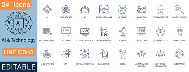 Artificial Intelligence (AI) and Future Technology line icon set. Contains symbols for Chatbot, Machine Learning, 5G, and Data Science. Thin line vector design for digital automation.