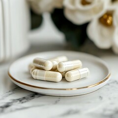 White Capsules on Plate with Floral Background