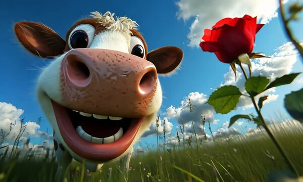 Playful cartoon cow smiling at a red rose in a vibrant meadow