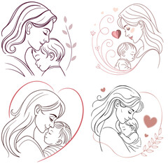 Mother's Day Minimalist One Line Art Mother Holding Child Mother and Baby Sketch - Minimalist Vector