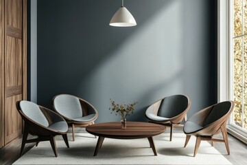 Modern living room with four wooden chairs, a coffee table, and a large window.