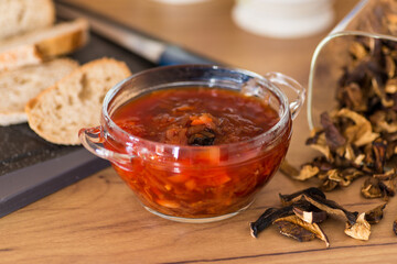 Diet red borscht with dried mushrooms