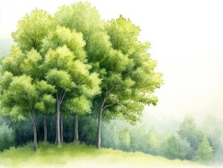 Fototapeta premium Lush Green Trees in a Beautiful Natural Landscape Watercolor Illustration