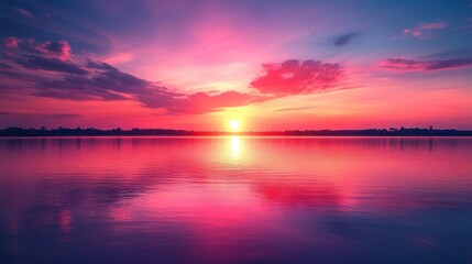 Fototapeta premium Vibrant sunset over calm lake, scenic landscape, nature background, ideal for travel brochure