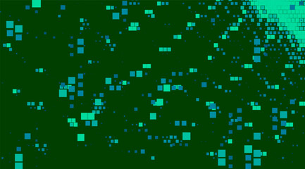 Green abstract background with scattered cyan and green squares. The digital-themed pattern gives a fresh and modern technological feel.