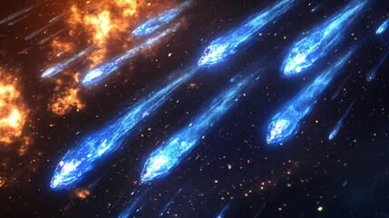 Fototapeta premium A celestial spectacle unfolds as a thousand blue-fire meteors cascade from the depths of space, illuminating the night sky with an ethereal glow