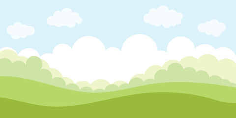 Scene nature, field in the distance plants, cloudy sky. Vector illustration.