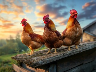 Fototapeta premium Three Colorful Roosters Perched on a Rustic Wooden Barn at Sunrise with a Beautiful Sky