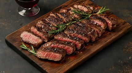 Sliced medium-rare steak garnished with rosemary, paired with a glass of red wine on a wooden board. Ideal for restaurant menus or banners, featuring a dark background and ample copy space.