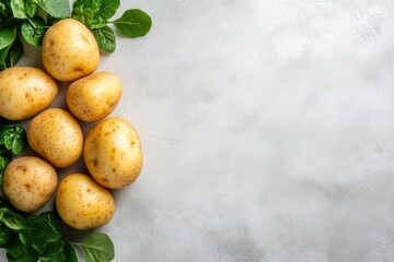 Fresh Raw Potatoes and Spinach Leaves on Grey Background for Cooking or Grocery Themes